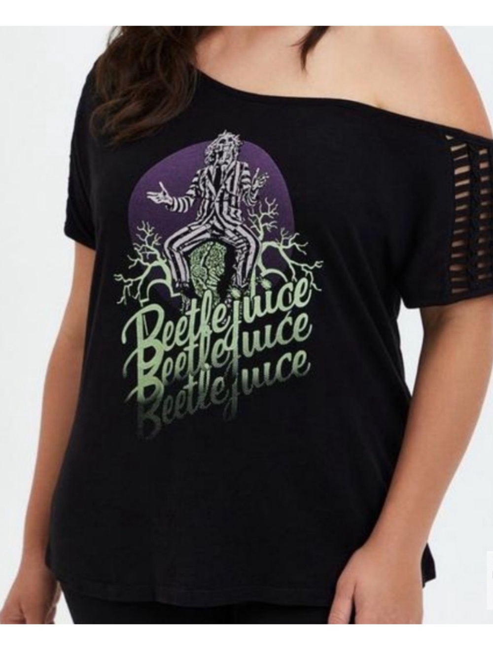 torrid Black Off-Shoulder Beetlejuice Graphic Tee with Lattice Sleeve 2X